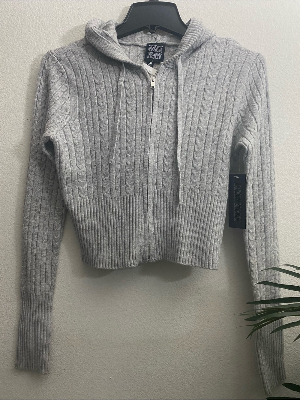 Gray Cable-Knit Zip Crop Hoodie Sweater